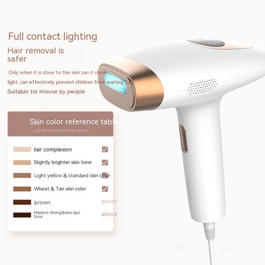 Hair removal device with skin color reference chart on a white background