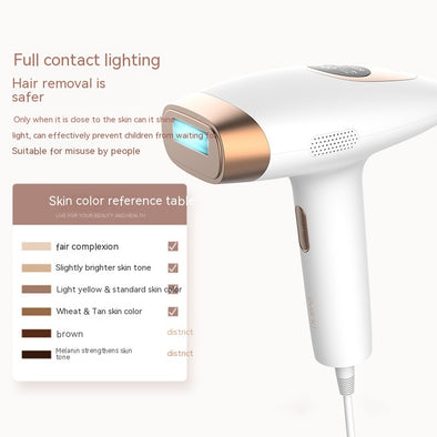 Hair removal device with skin color reference chart on a white background