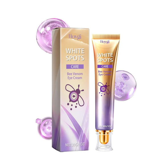 Eye Care Cream packaging and product with bee venom and vibrant design alongside eye cream tubes and bubbles.