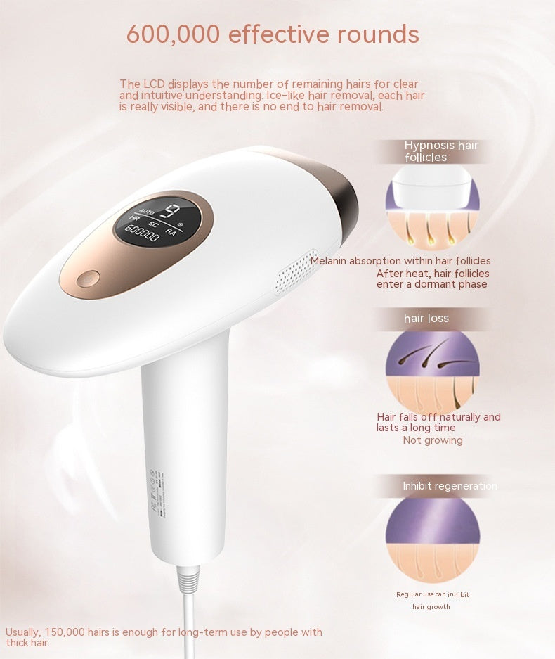 Hair removal device with text explaining hair removal process and features.