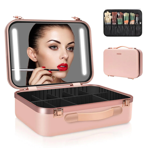 Chignon 13.5” X 9.5” Large Makeup Case with Lighted Up Mirror Professional Travel Vanity Cosmetic Train Case 3 Led Colors and Adjustable Brightness Makeup Bag Organizer for Women Girls