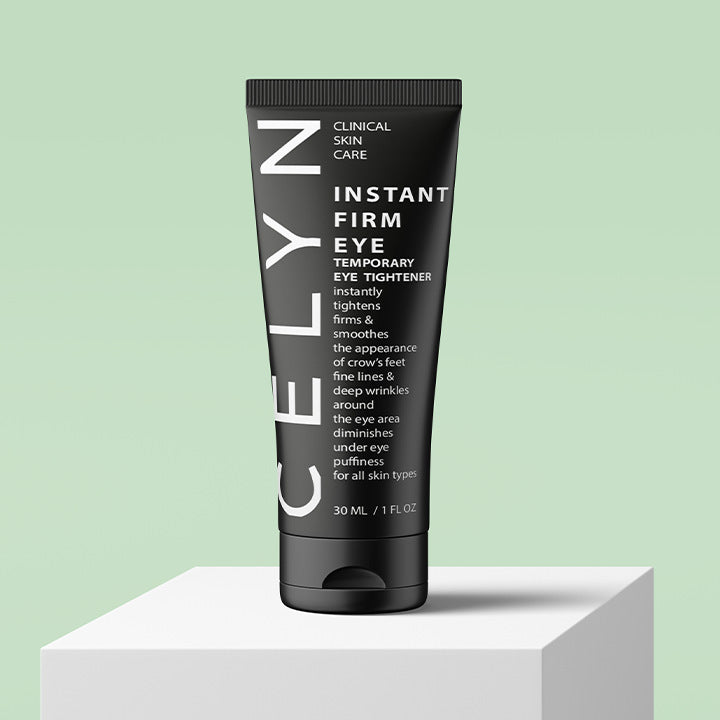 Celyn skincare tube on a white block with a light green background