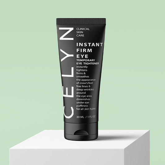 Celyn skincare tube on a white block with a light green background