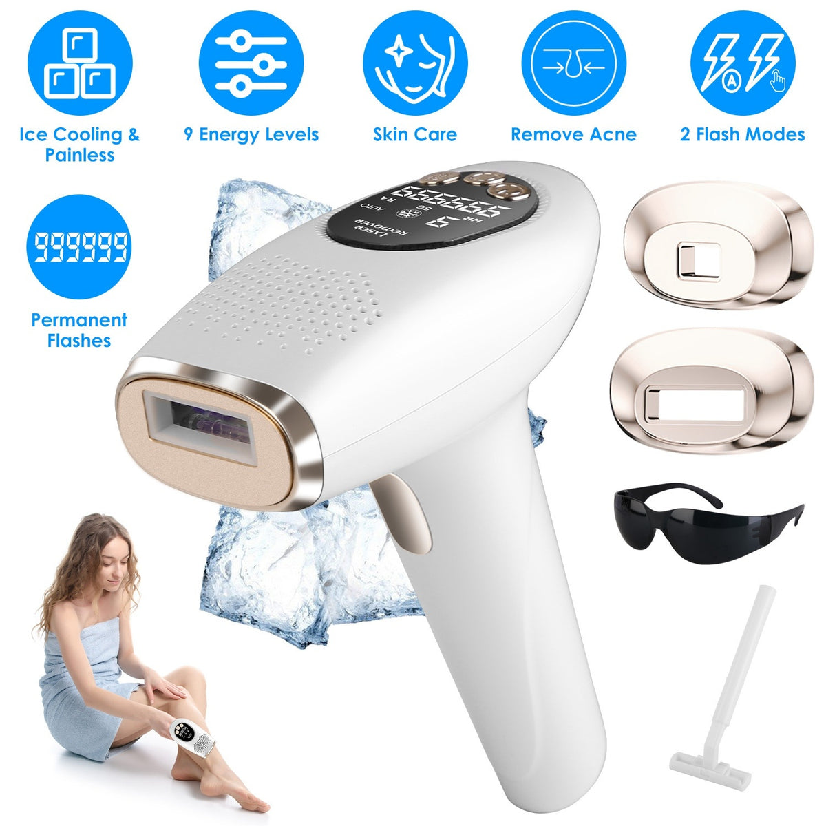 Hair removal device with features listed, including ice cooling, energy levels, skin care, acne removal, flash modes, and permanent flashes.