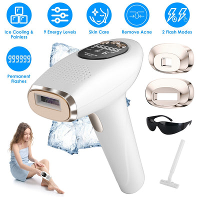 Hair removal device with features listed, including ice cooling, energy levels, skin care, acne removal, flash modes, and permanent flashes.