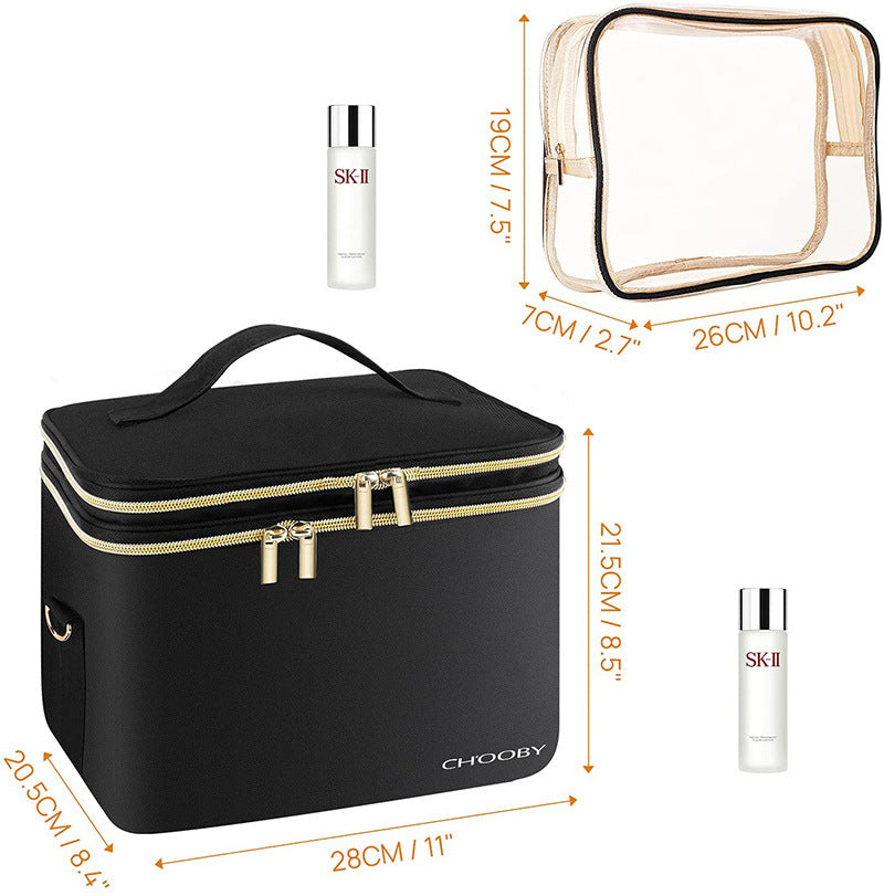 Black cosmetic bag with gold zipper, SK-II skincare product, and clear makeup bag with measurements on a white background.