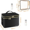 Black cosmetic bag with gold zipper, SK-II skincare product, and clear makeup bag with measurements on a white background.
