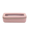 Pink tissue box cover with a clear window on a white background