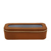 Brown rectangular jewelry box with a clear lid and silver zipper on a white background