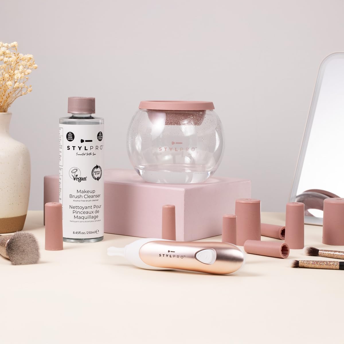 Rose Gold Electric Makeup Brush Cleaner & Dryer - Gift Set with Cleanser