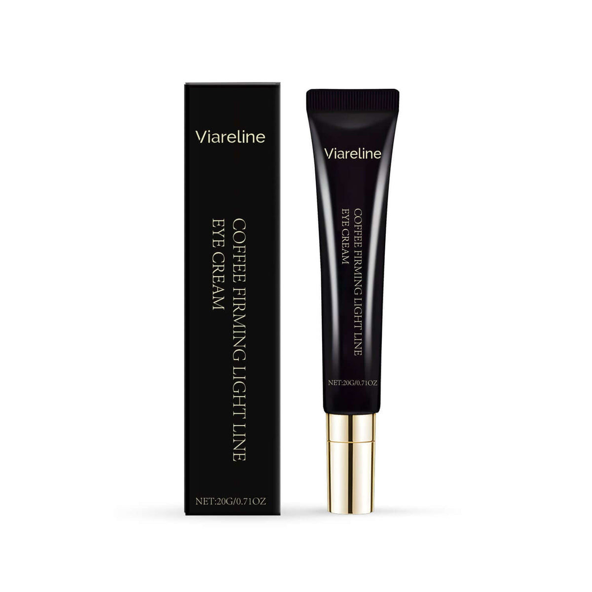 Eye Cream in a sleek tube with a black cap and box packaging featuring coffee extract benefits.
