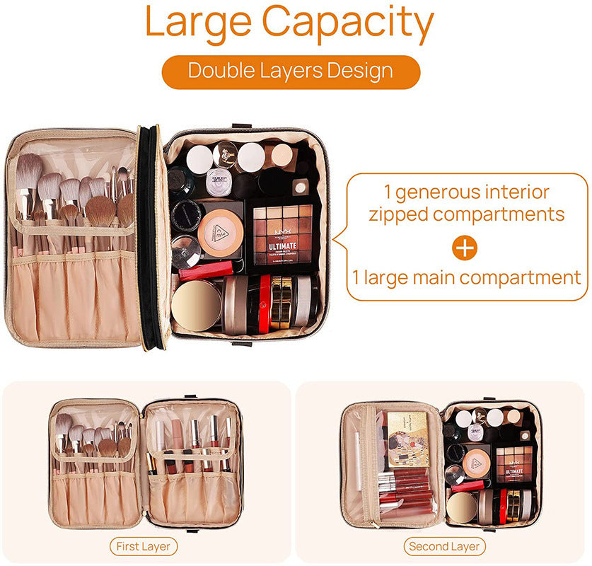 Makeup organizer with double layers, showing interior compartments and cosmetic items.