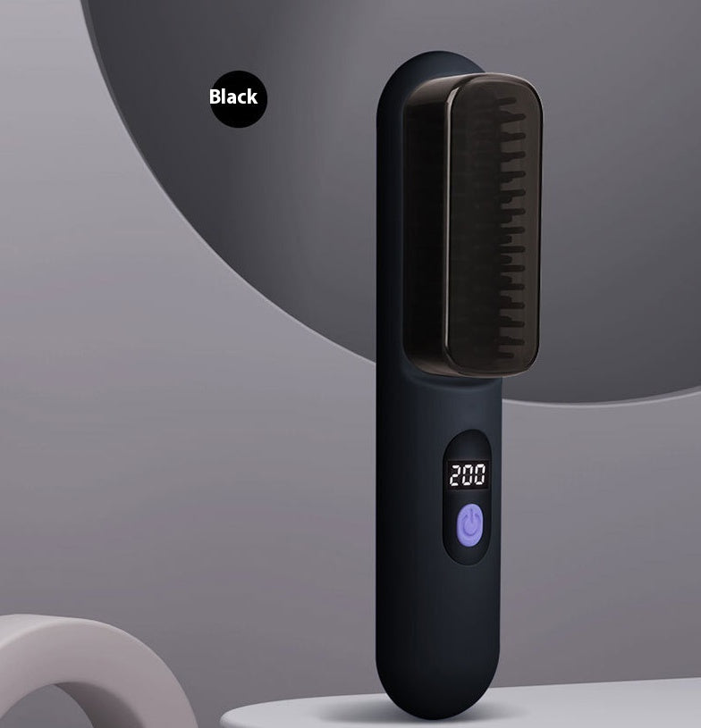 Black hair straightener with digital display on a gray background