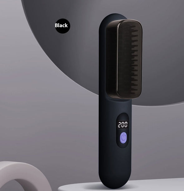 Black hair straightener with digital display on a gray background