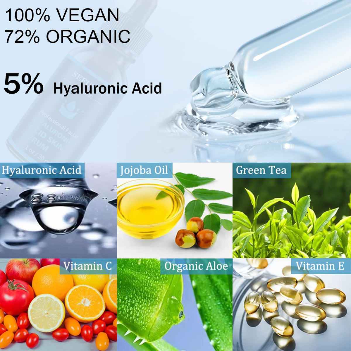Hyaluronic Acid 5% + Vit E, Best Pure Hyaluronic Acid Moisturiser for Face, Anti Ageing & Anti Wrinkle Moisturiser Hyaluronic Acid Serum, Fine Lines & Sensitive Skin, Improve Age Spots（60ml）