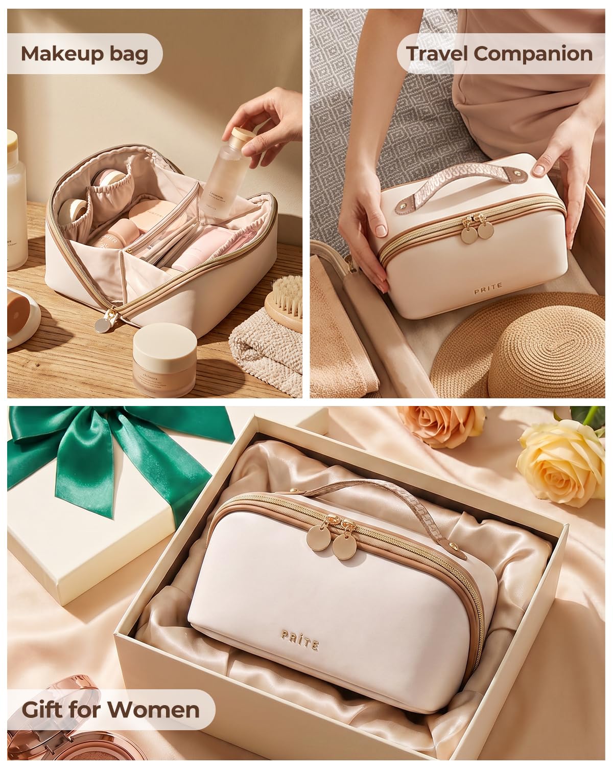 Travel Makeup Bag Flat Lay Cosmetic Case with Brush Pocket