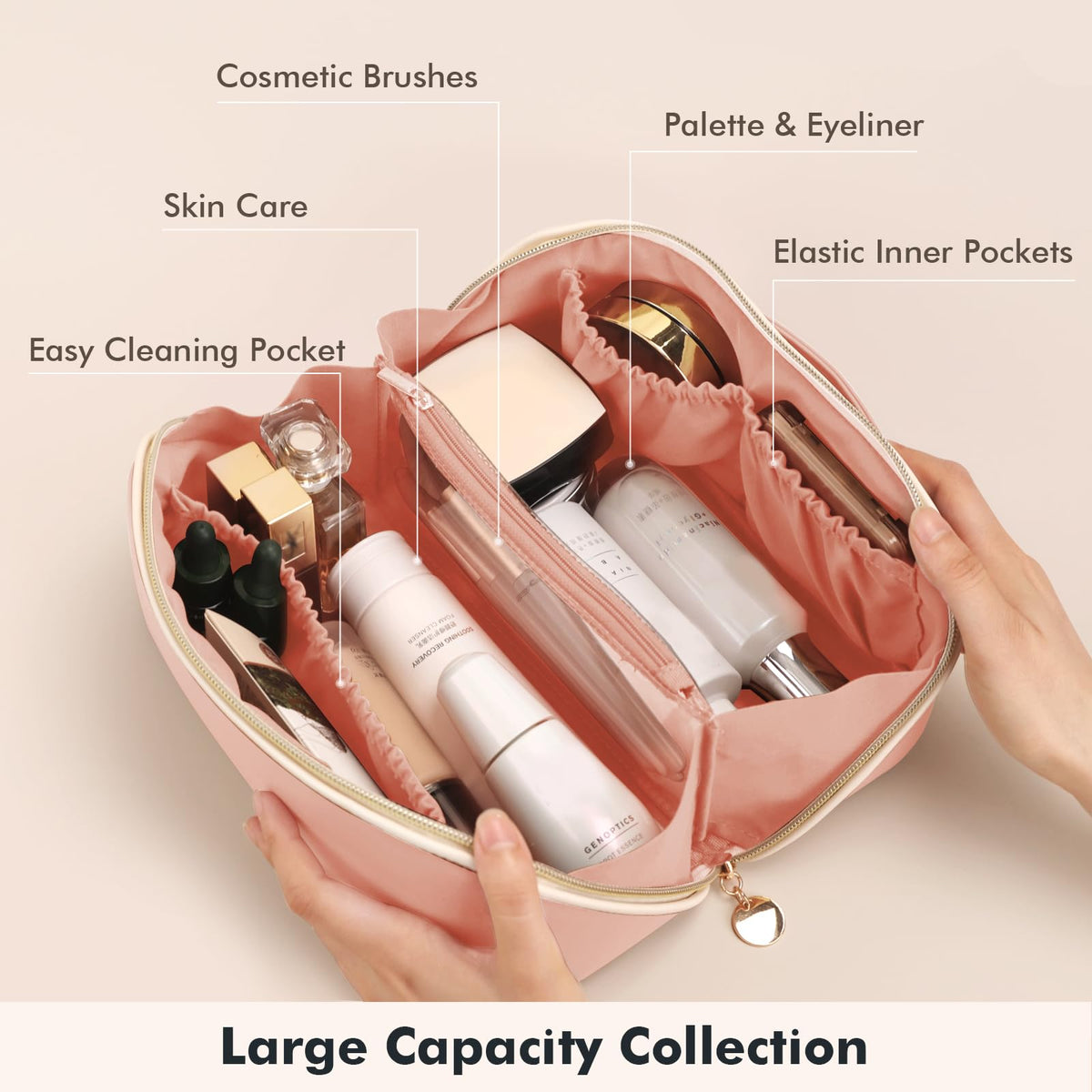 Travel Makeup Bag Flat Lay Cosmetic Case with Brush Pocket