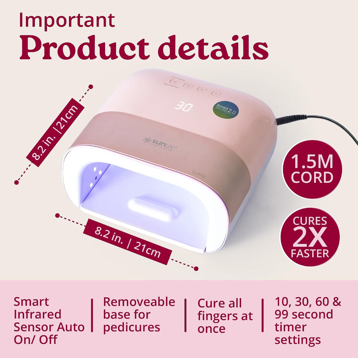 SUNUV - Smart 2.0 UV LED Nail Lamp | Professional Gel Curing | Pink