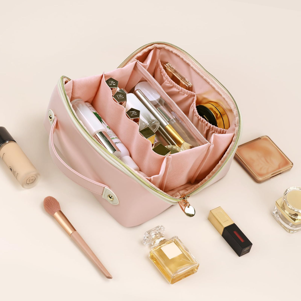 Travel Makeup Bag Flat Lay Cosmetic Case with Brush Pocket