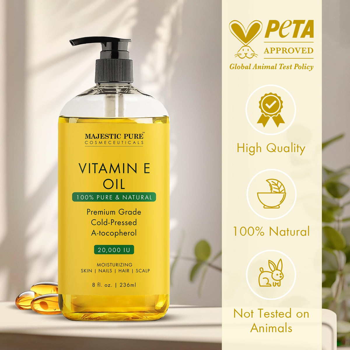 MAJESTIC PURE Vitamin E Oil | 100% Pure and Natural Cold Pressed Vitamin E oil for Skin, Scars