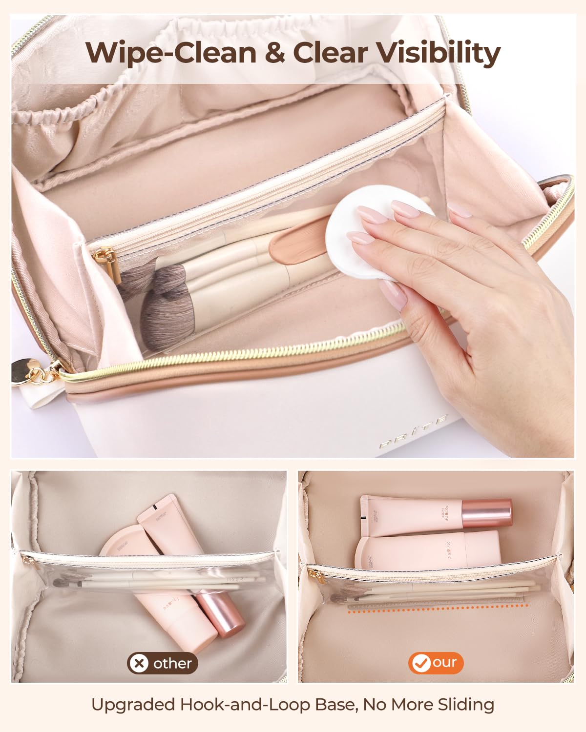 Travel Makeup Bag Flat Lay Cosmetic Case with Brush Pocket