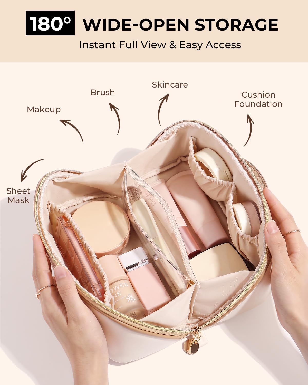 Travel Makeup Bag Flat Lay Cosmetic Case with Brush Pocket