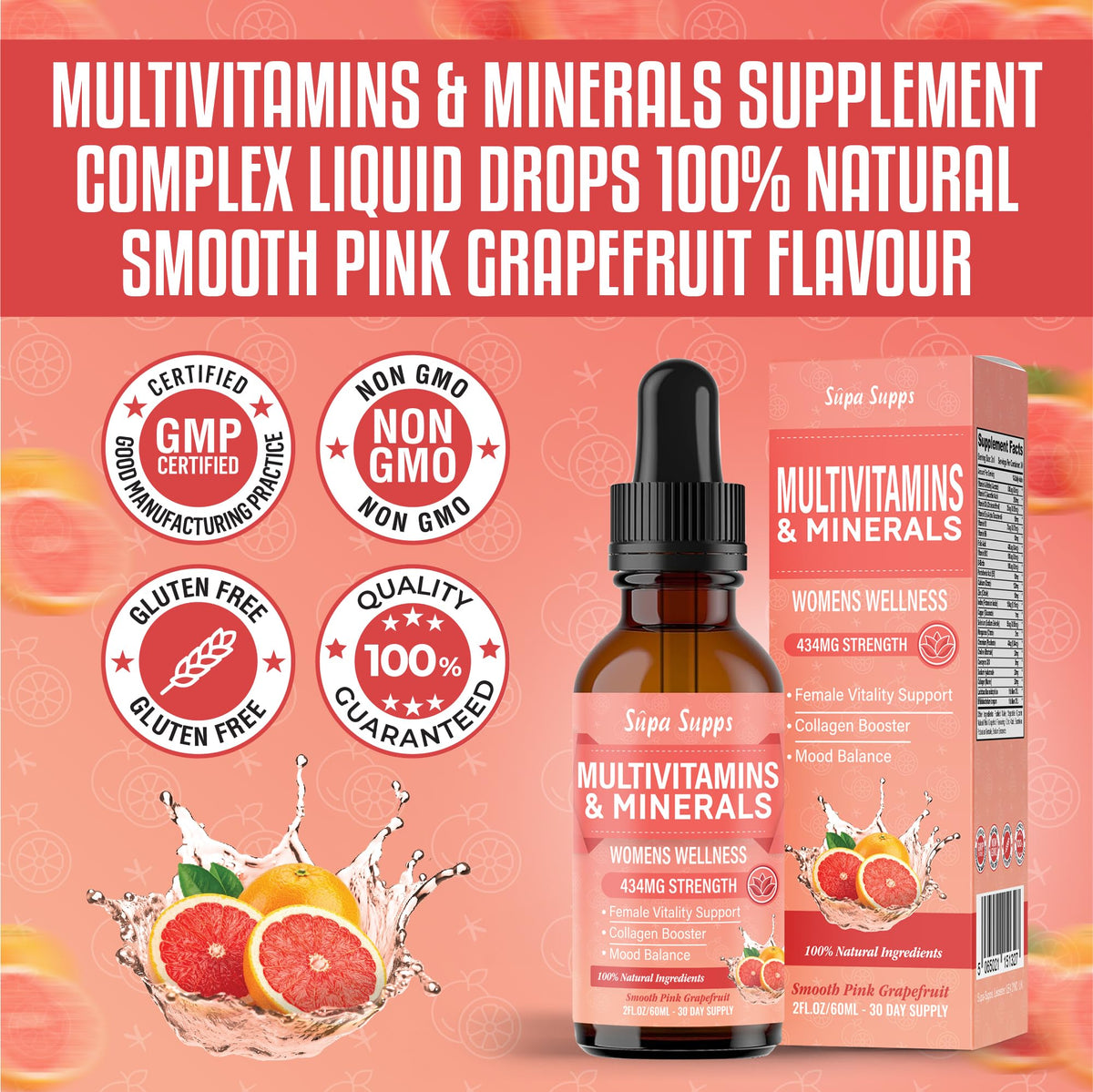 Multivitamins & Minerals A C D E K B Complex, Iron & Zinc Liquid Supplement