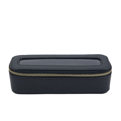 Black rectangular jewelry box with gold zipper on a white background