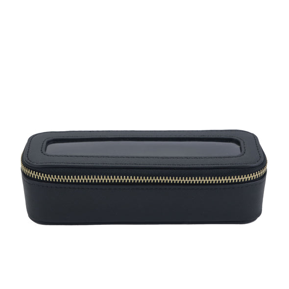 Black rectangular jewelry box with gold zipper on a white background