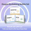 Glam Pod oxygen revitalizing bubble set with 'Hydrate' and 'Detox' packages on a light blue background.