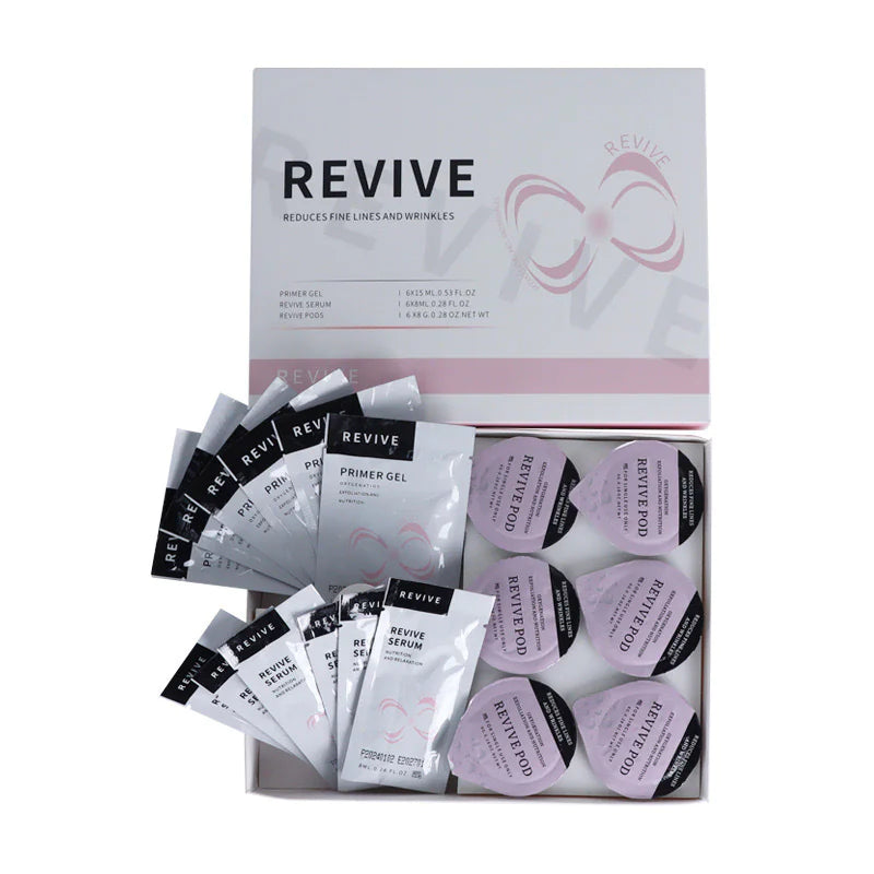 Revive skincare product set with packaging on a white background