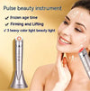 Pulse beauty instrument with a woman using it on her face, set against a yellow background.