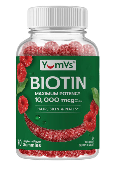 Biotin 10000 mcg Maximum Potency Gummies by YumVs | for Adults Women & Men | Hair Skin & Nails Support | Natural Raspberry Flavor - 70 Count