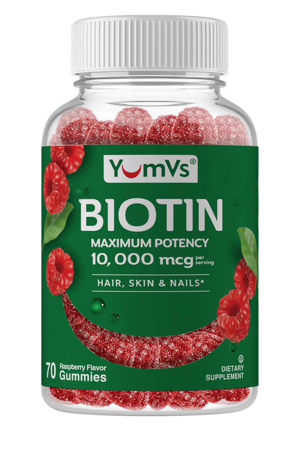 Biotin 10000 mcg Maximum Potency Gummies by YumVs | for Adults Women & Men | Hair Skin & Nails Support | Natural Raspberry Flavor - 70 Count