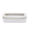 White rectangular tissue box with a gold zipper on a white background