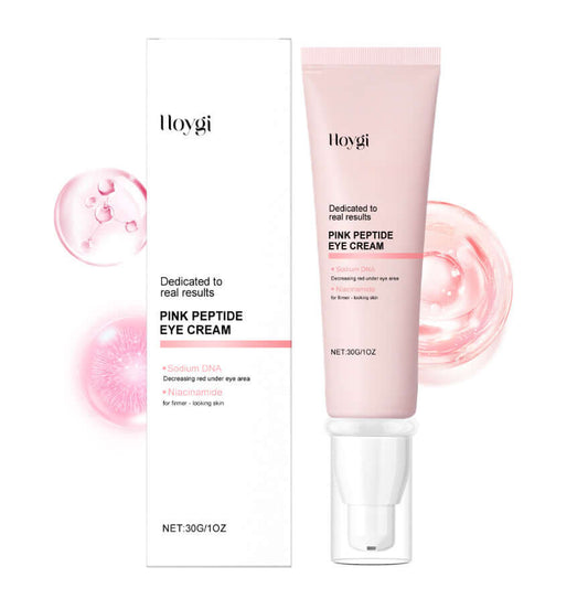 Eye Cream in a pink tube with a pump, featuring packaging design and ingredients like Sodium DNA and Niacinamide.