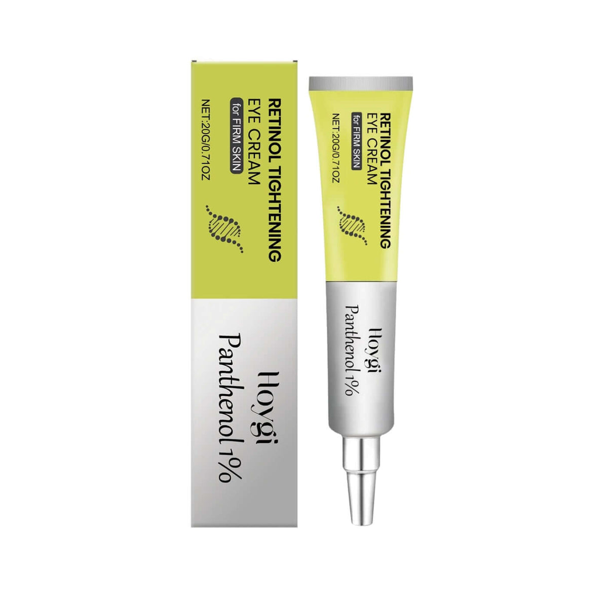 Eye Cream tube and box showcasing Retinol Tightening Eye Cream with Panthenol 1% ingredients.