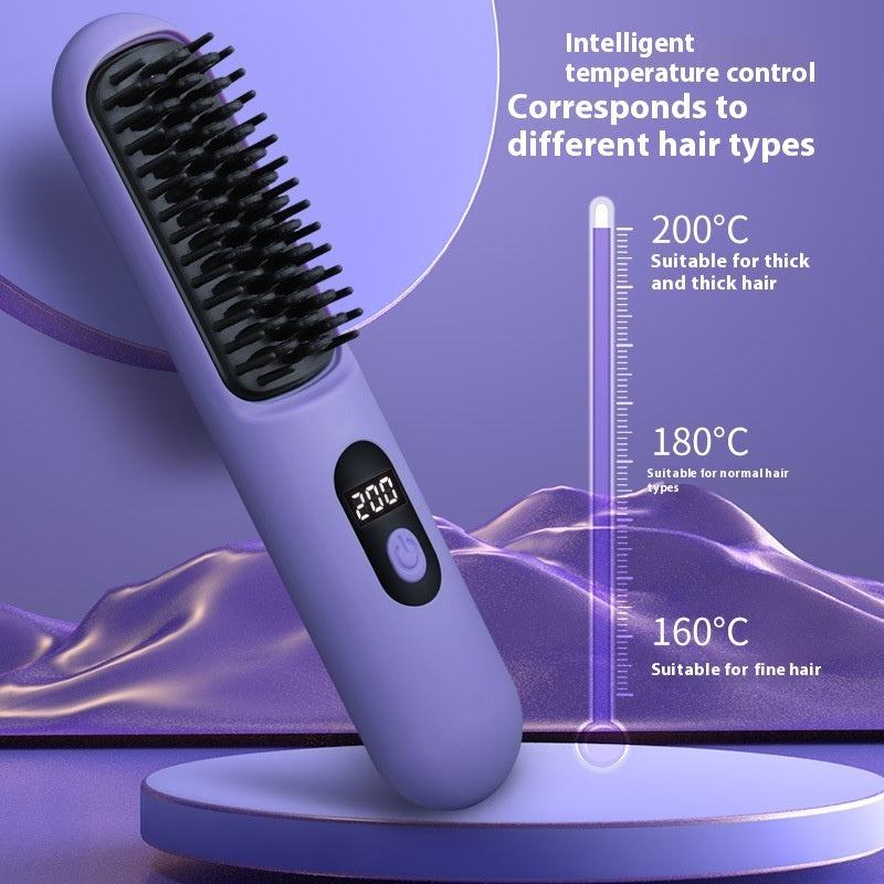Purple hairbrush with digital temperature display on a purple background