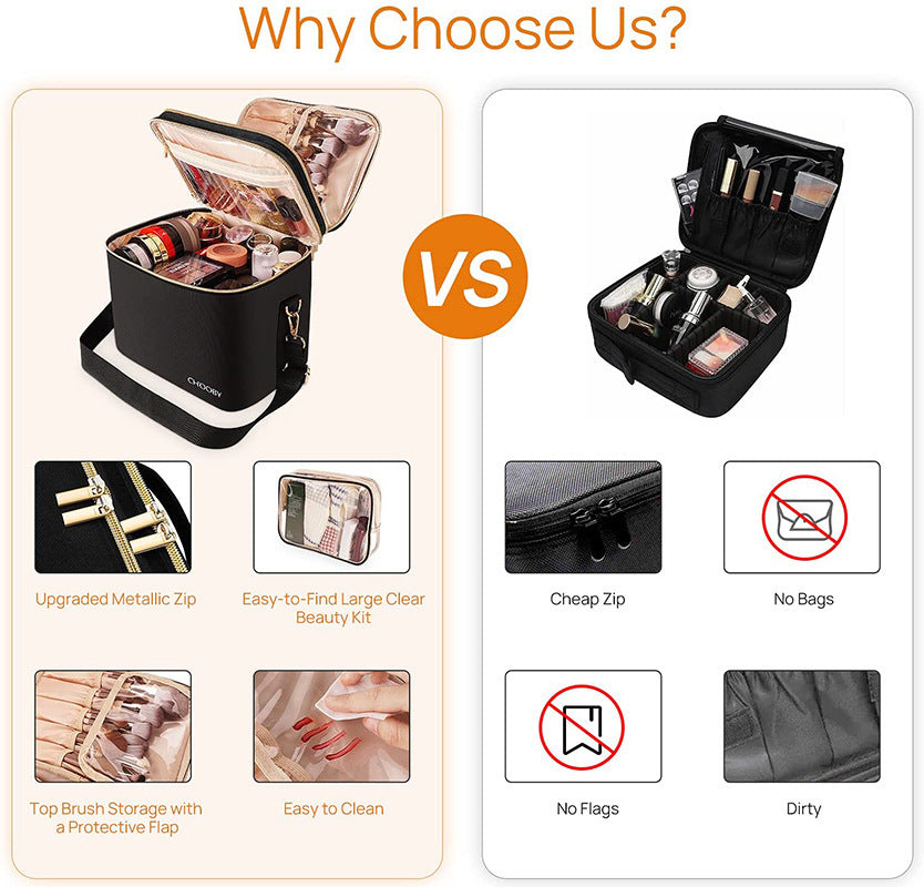 Comparison chart of two makeup bags with features highlighted on a white background.
