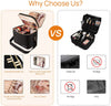 Comparison chart of two makeup bags with features highlighted on a white background.