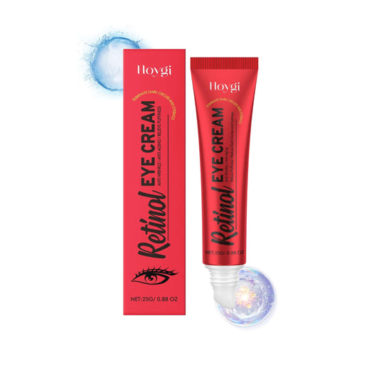 Retinol Eye Cream packaging and tube with bright red design, featuring essential ingredients for skin care.