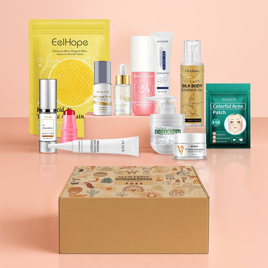 Collection of skincare products and a box on a peach background