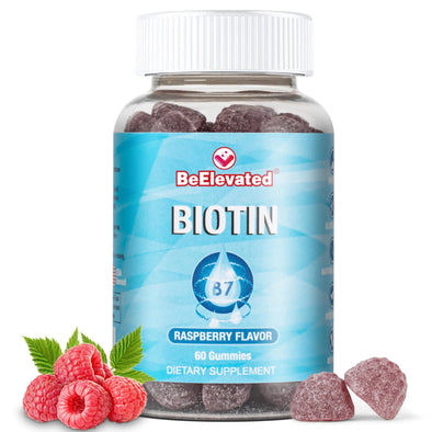 BeElevated Biotin Gummies - Hair and Nails Strength Growth Vitamins Supplements for Women Health and Beauty - 10000 MCG Skin Chewable Supplement - Raspberry Flavor - (60 Count Bottle)