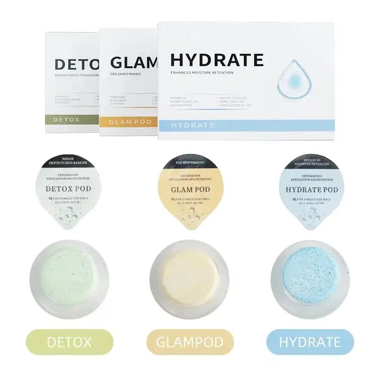 Three pod packages labeled 'Detox', 'Glam Pod', and 'Hydrate' with corresponding pods below on a white background.