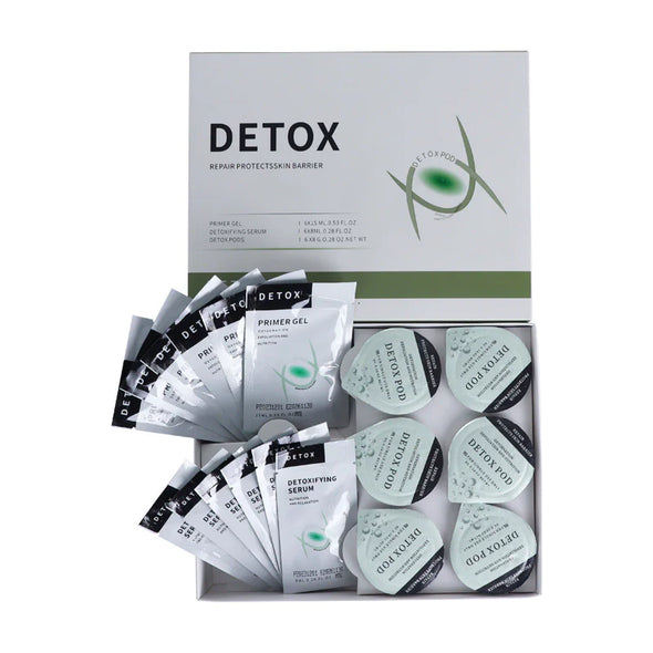 Detox skincare product set with various packets and a box on a white background
