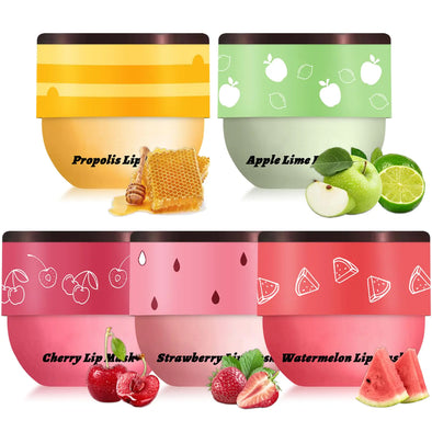 5 PCS Bee Balm Lip Balm Lip Mask Honey Pot Lip Mask Propolis Moisturizing Lip Balm Hydrating Prevention Dry and Cracked Lip Scrubs Exfoliator Lip Care (Strawberry&Watermelon&Honey&Apple Lime&Cherry)