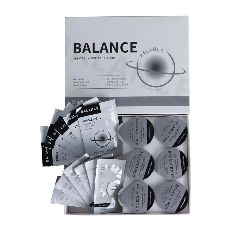 Packaging of Balance skincare products including packets and a box on a white background